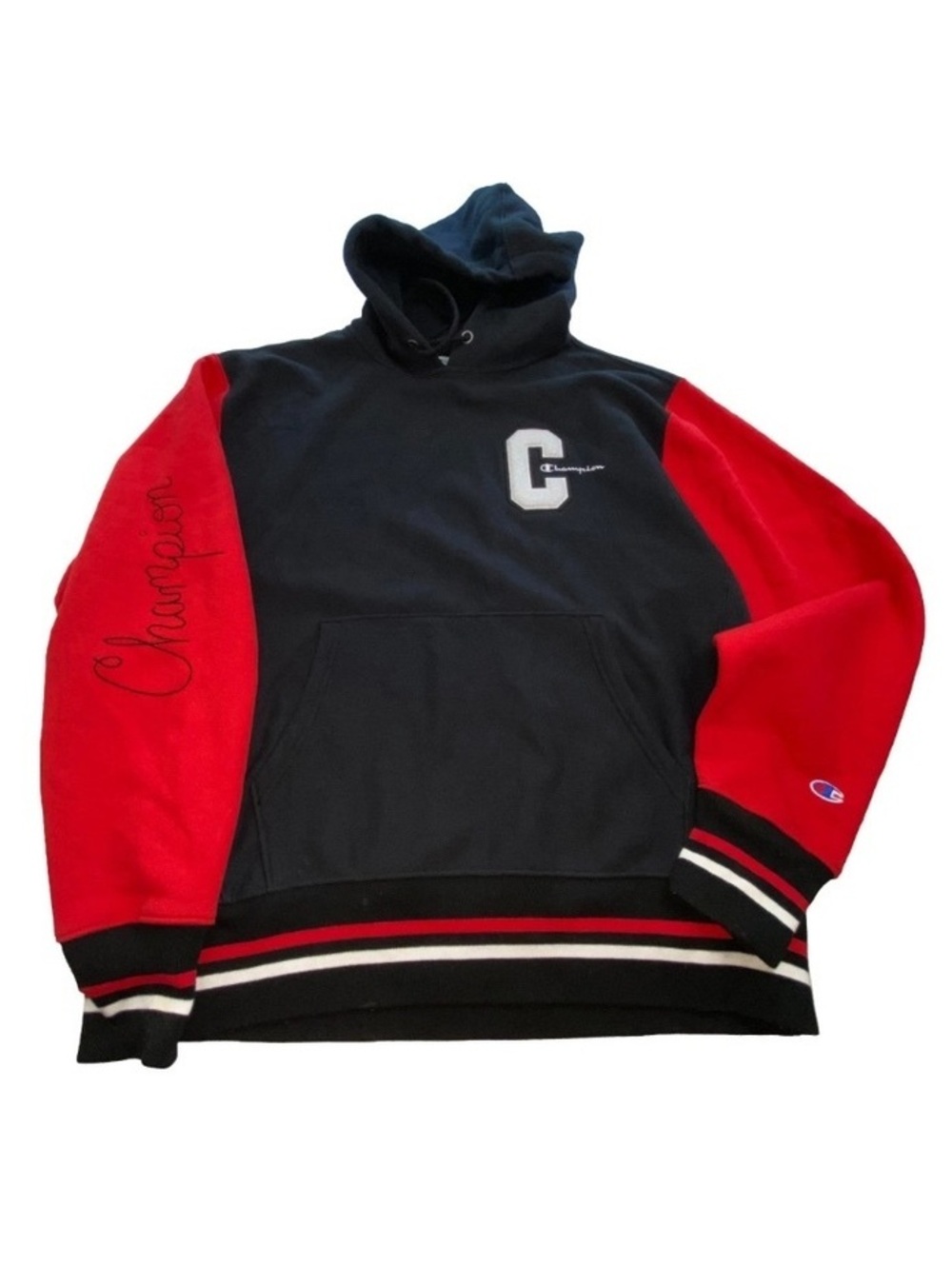 Champion Reverse Weave Black and Red Hoodie Large